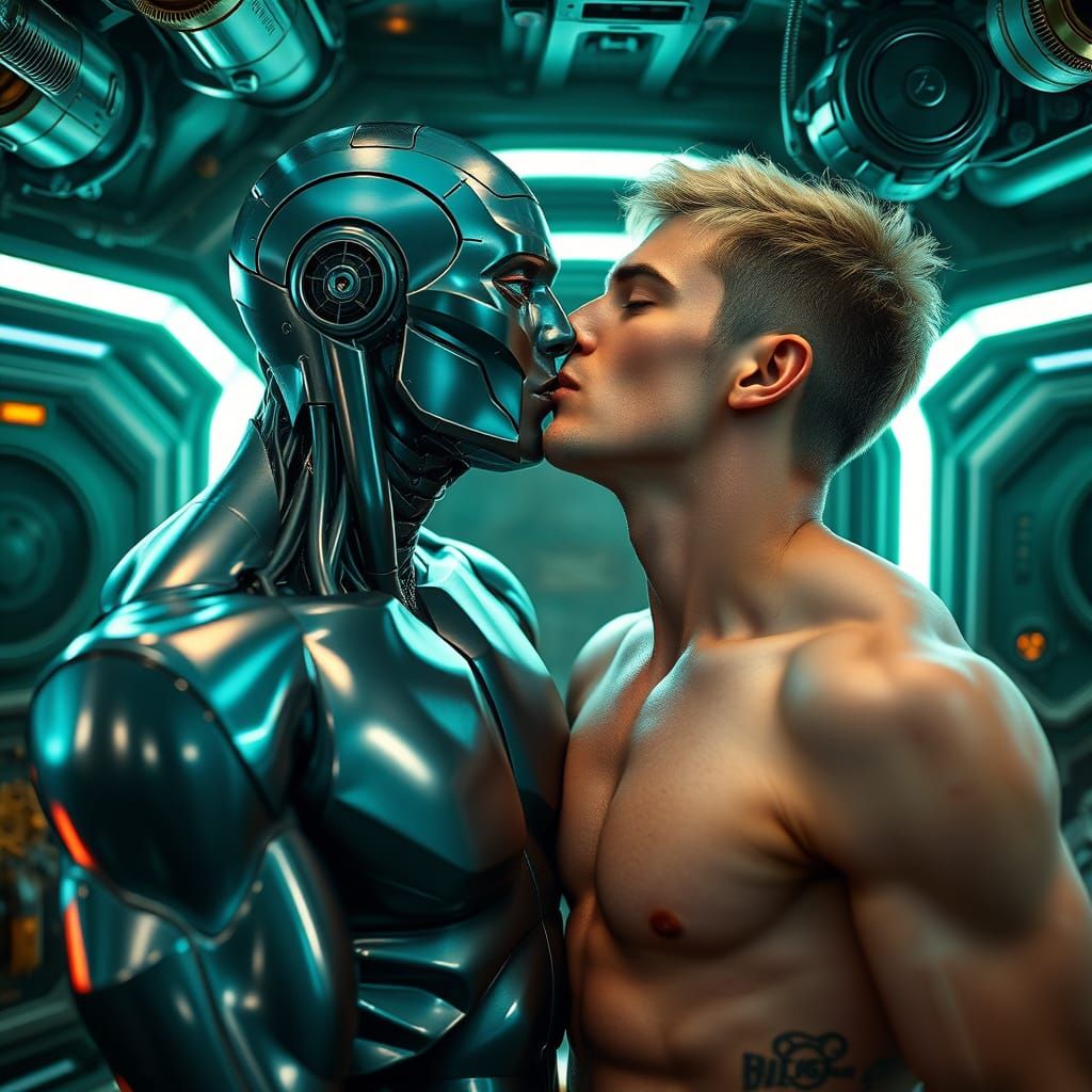 Passionate Kiss Between Android and Man in Steampunk Setting