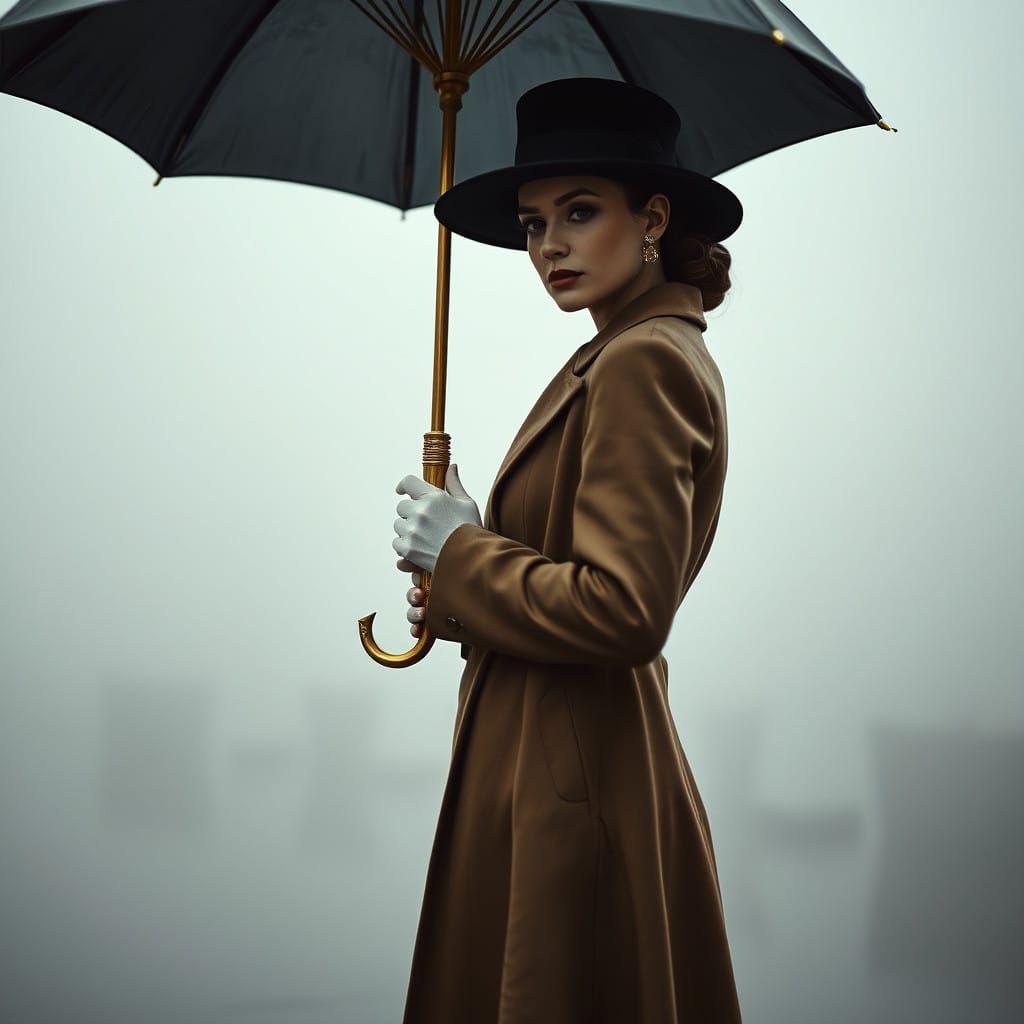 Elegant Woman with Golden Umbrella Handle in Moody Atmospher...