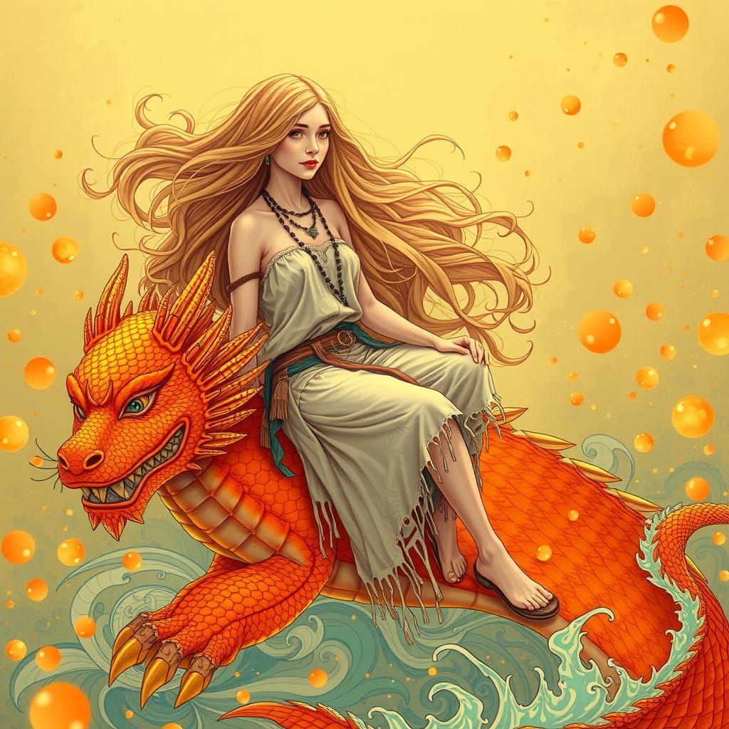 Bohemian Woman on Gummy Dragon in Soda Sea