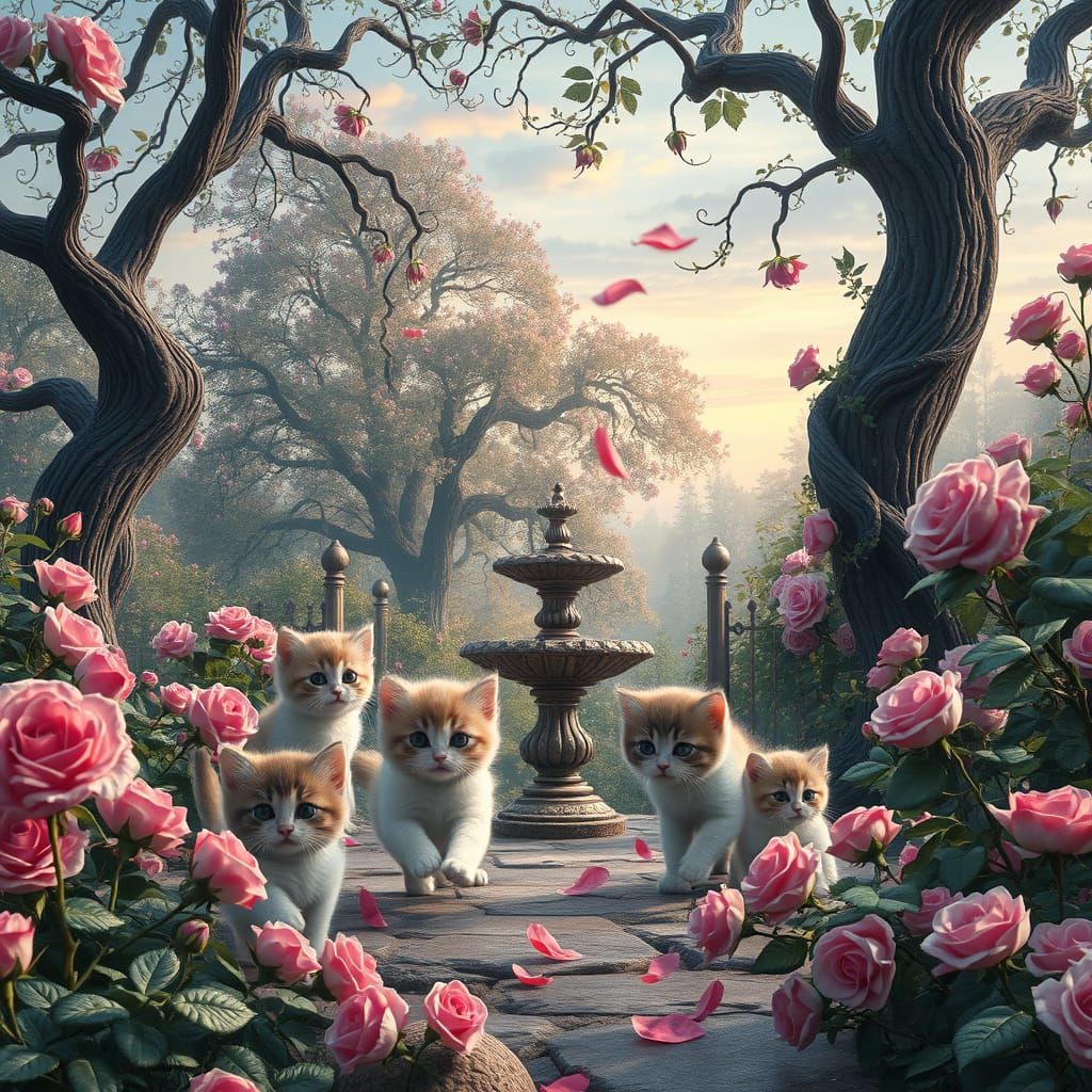 Whimsical Kittens Amidst a Lush Rose Garden in Dreamlike Det...