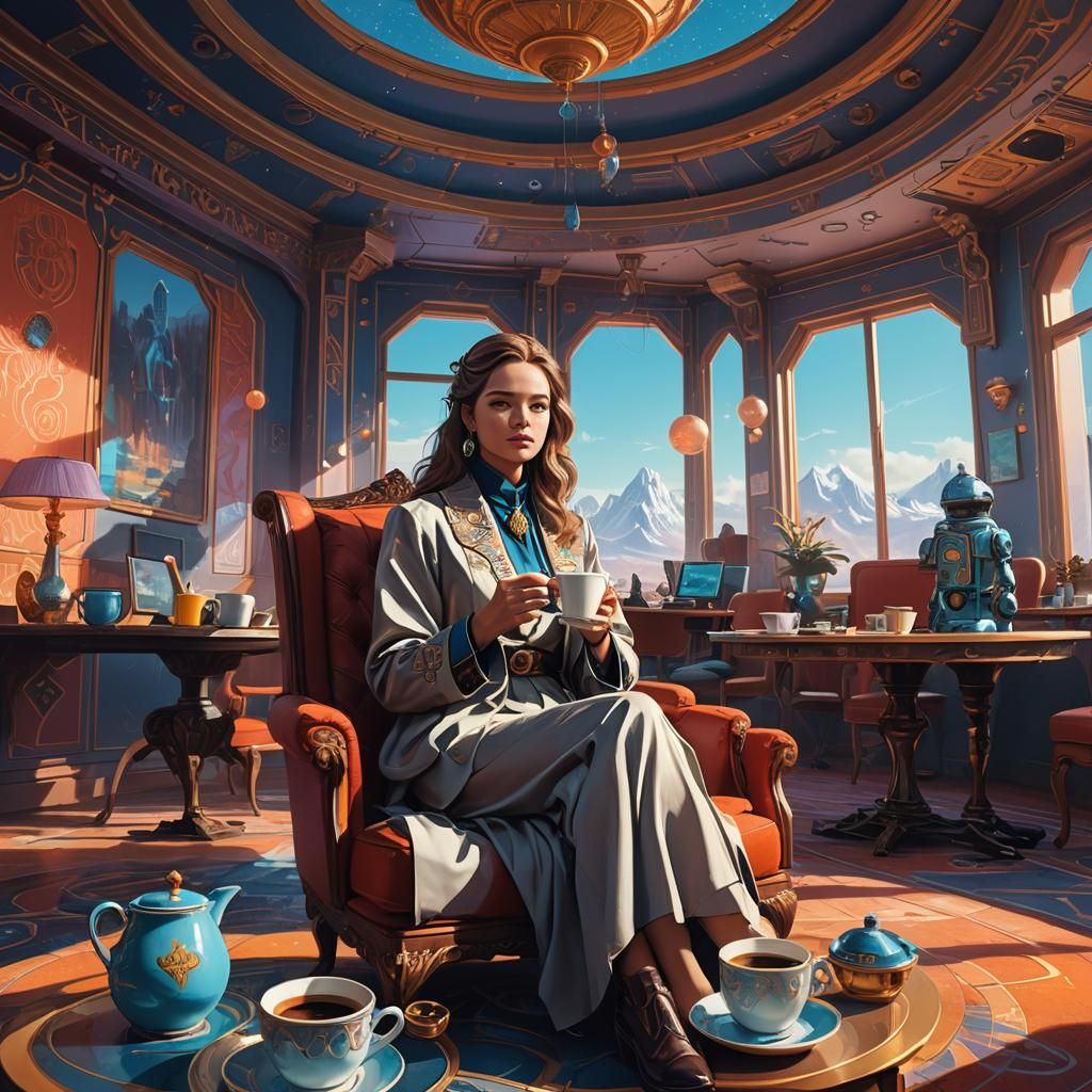Elegant Woman Sipping Coffee in Ornate Room