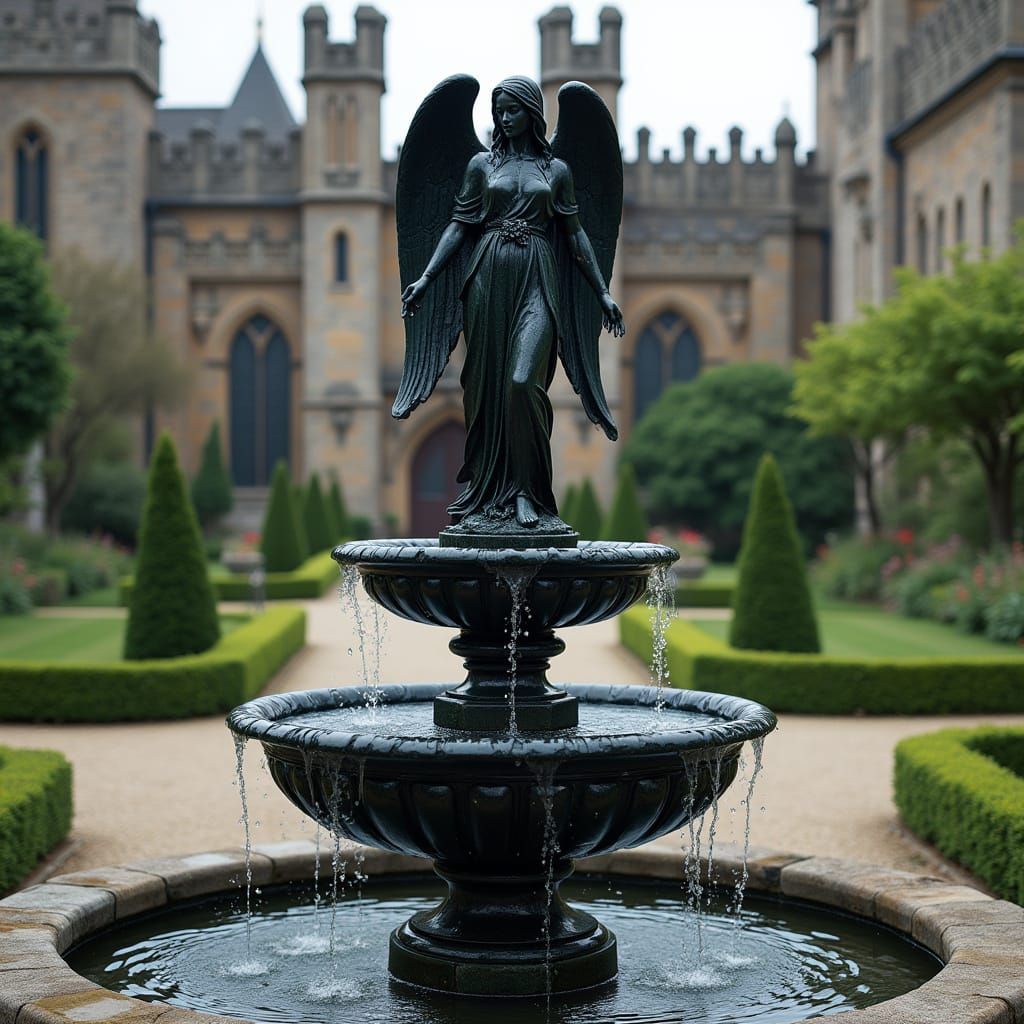 A magnificent obsidian fountain with a statue of a protectiv...