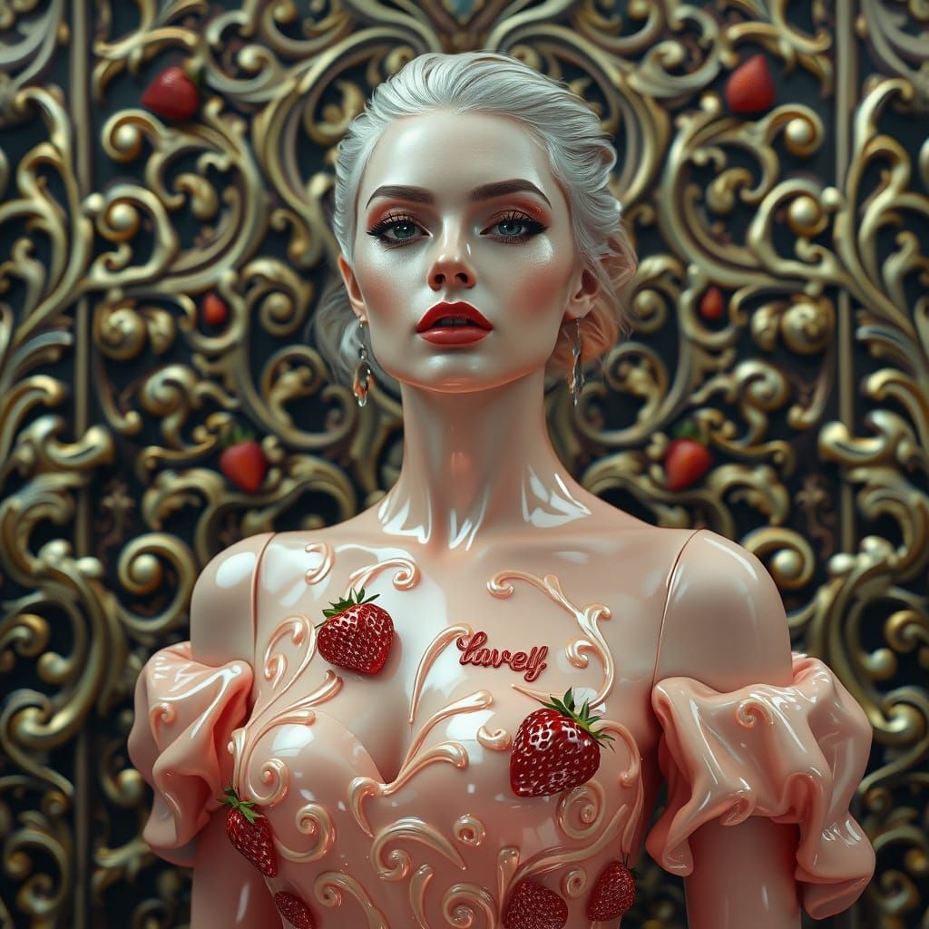 Woman in Latex Strawberry Dress: Hyperrealistic Digital Art