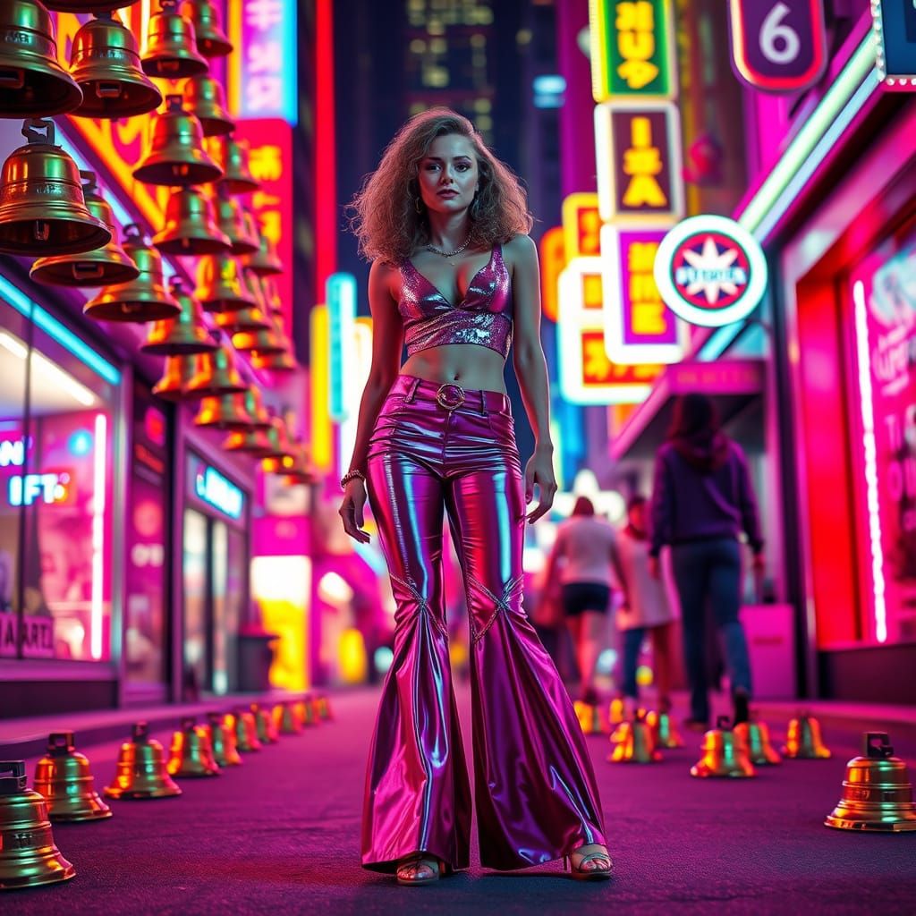 Disco Dancer Amidst Neon Cityscape and Bells