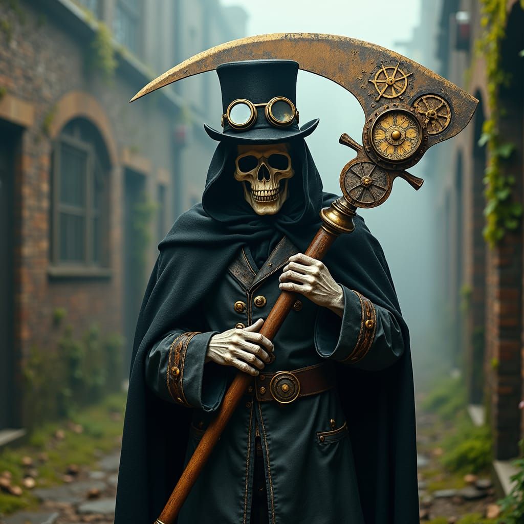 Steampunk Grim Reaper in Industrial Landscape