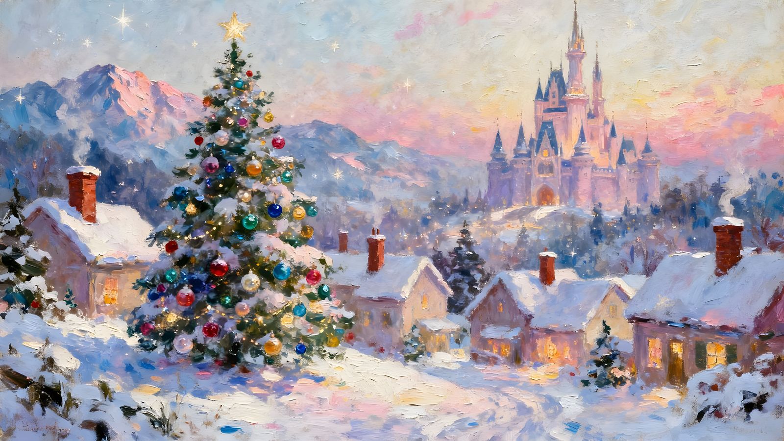 Enchanting Snowy Christmas Village Oil Painting