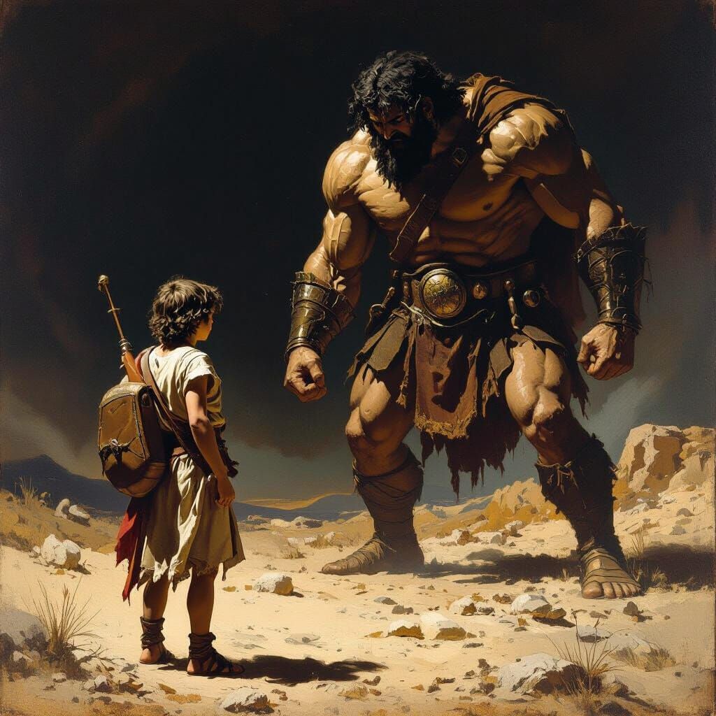David and Goliath Confrontation in Baroque Style
