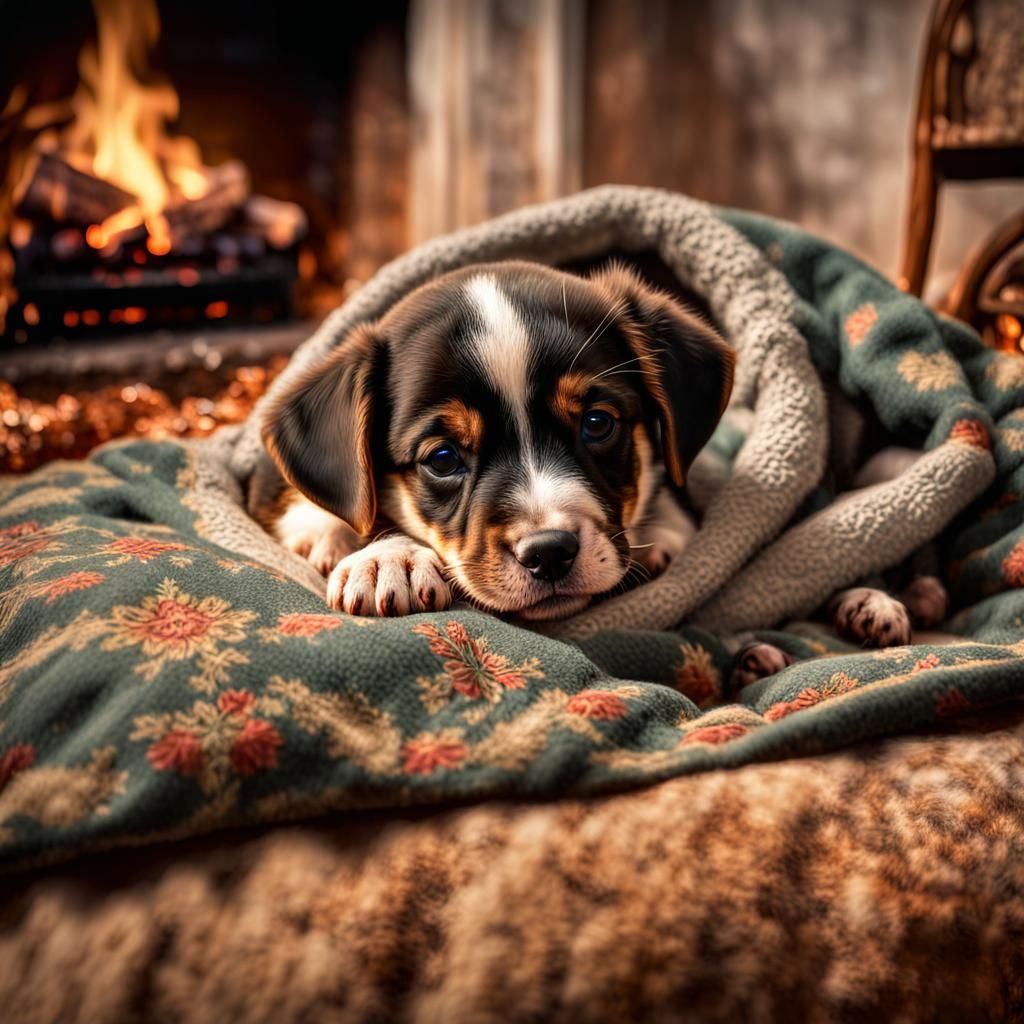 Cozy Puppy Asleep by Fire in Hyperrealistic Style