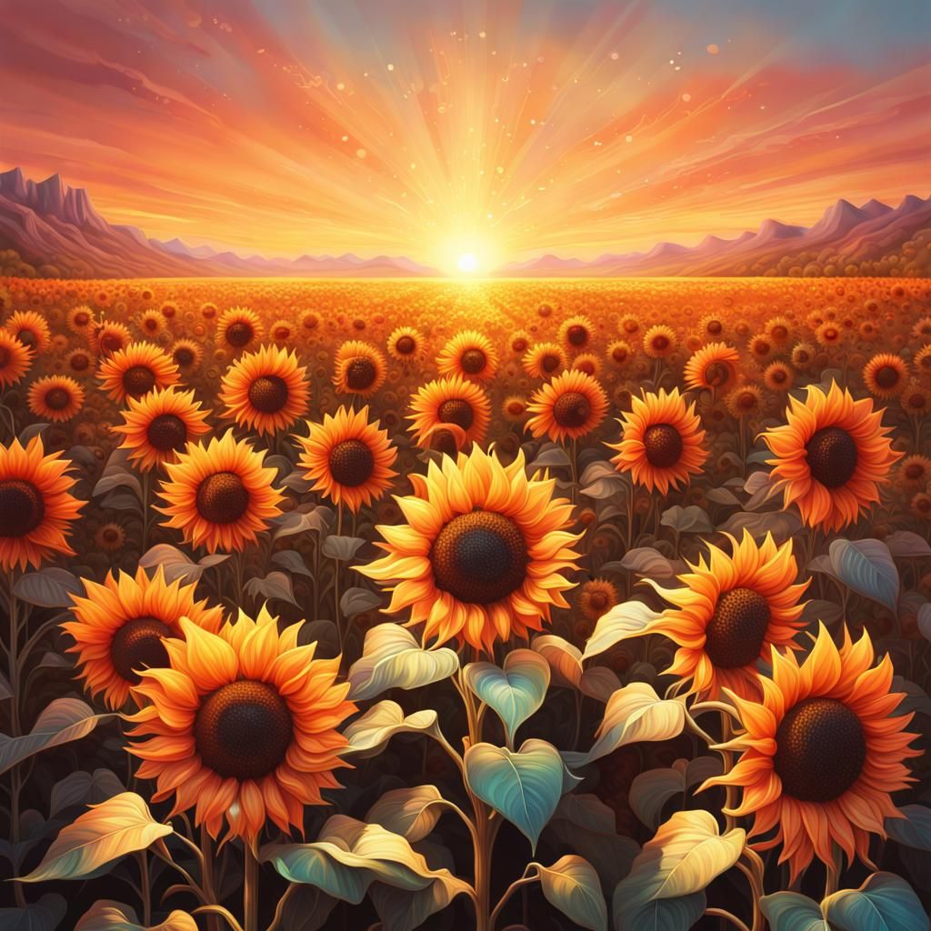 Magical Crystal Sunflowers at Sunset in Hyperrealism