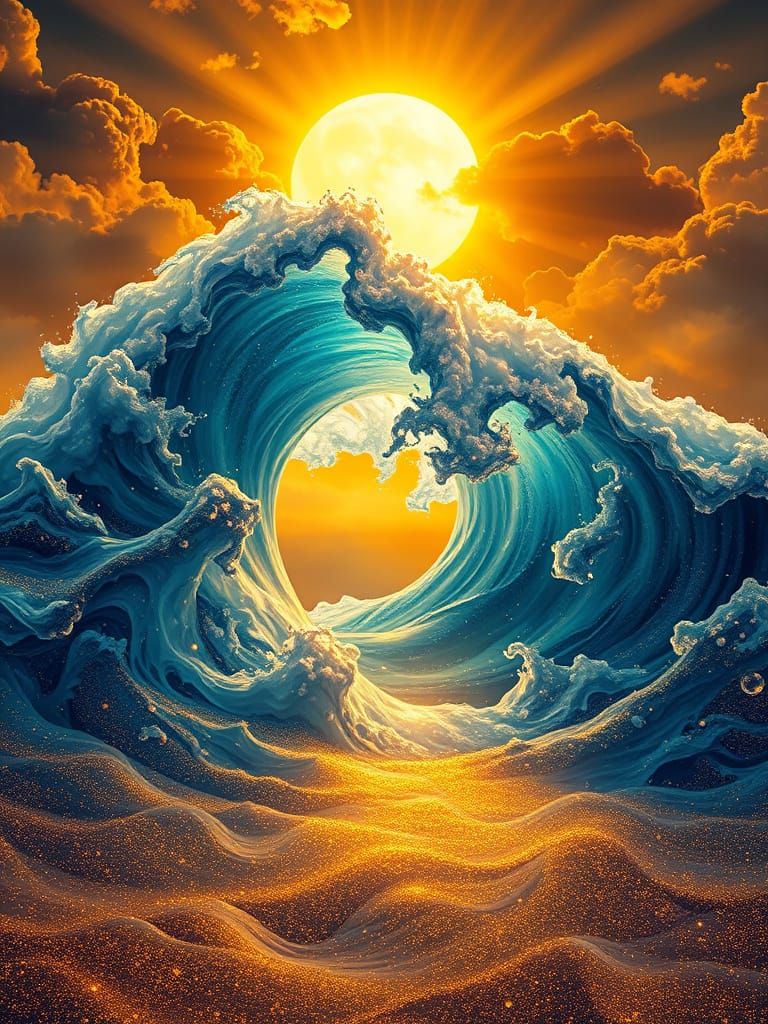 Bioluminescent Liquid Waves in Golden Sunset