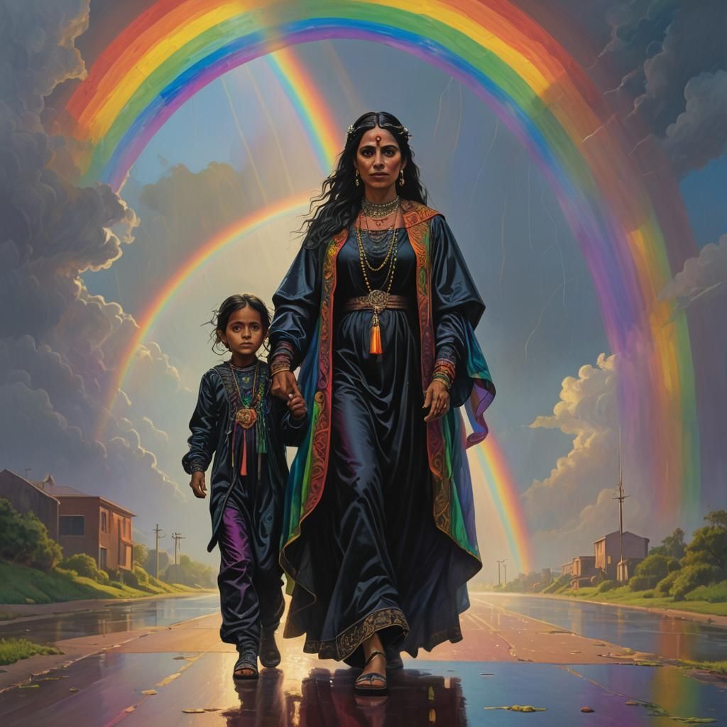 Gothic Mother and Child Under Rainbow, Alcohol Ink Art
