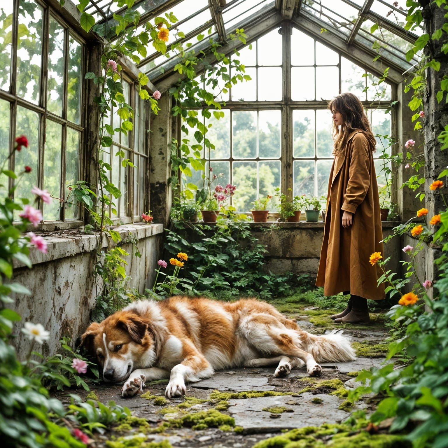 Stray Dog in Overgrown Greenhouse: Hyperrealistic Art