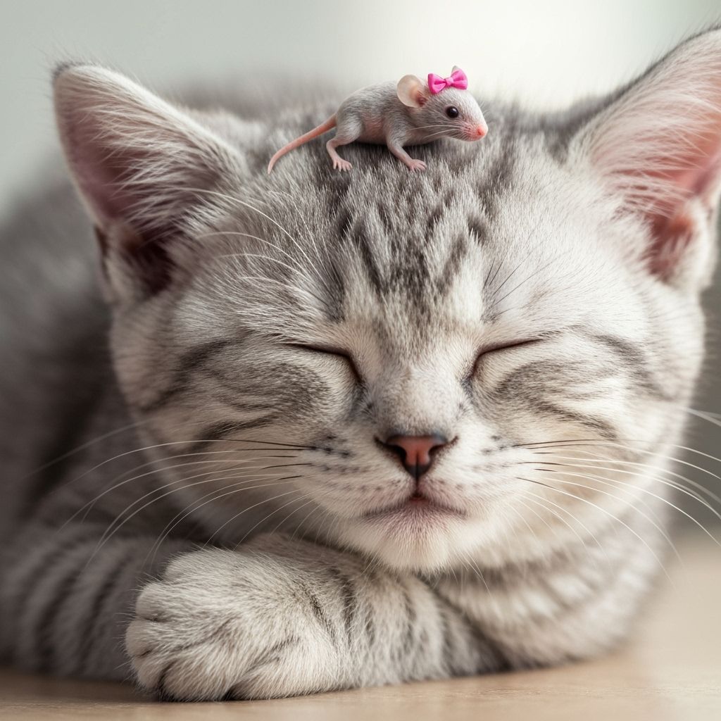 Photorealistic Kitten Sleeping with Mouse on Head