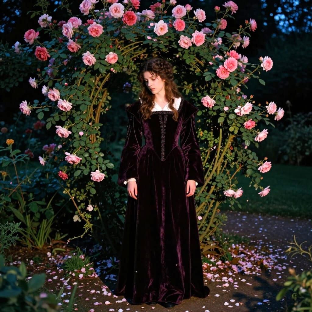 Medieval Woman in Moonlit Garden, Pre-Raphaelite Style
