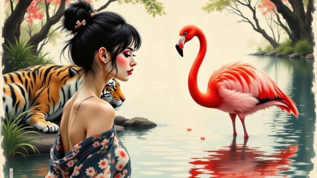 Pin-Up Tiger Watches Flamingo in Japanese Ink Brush Style