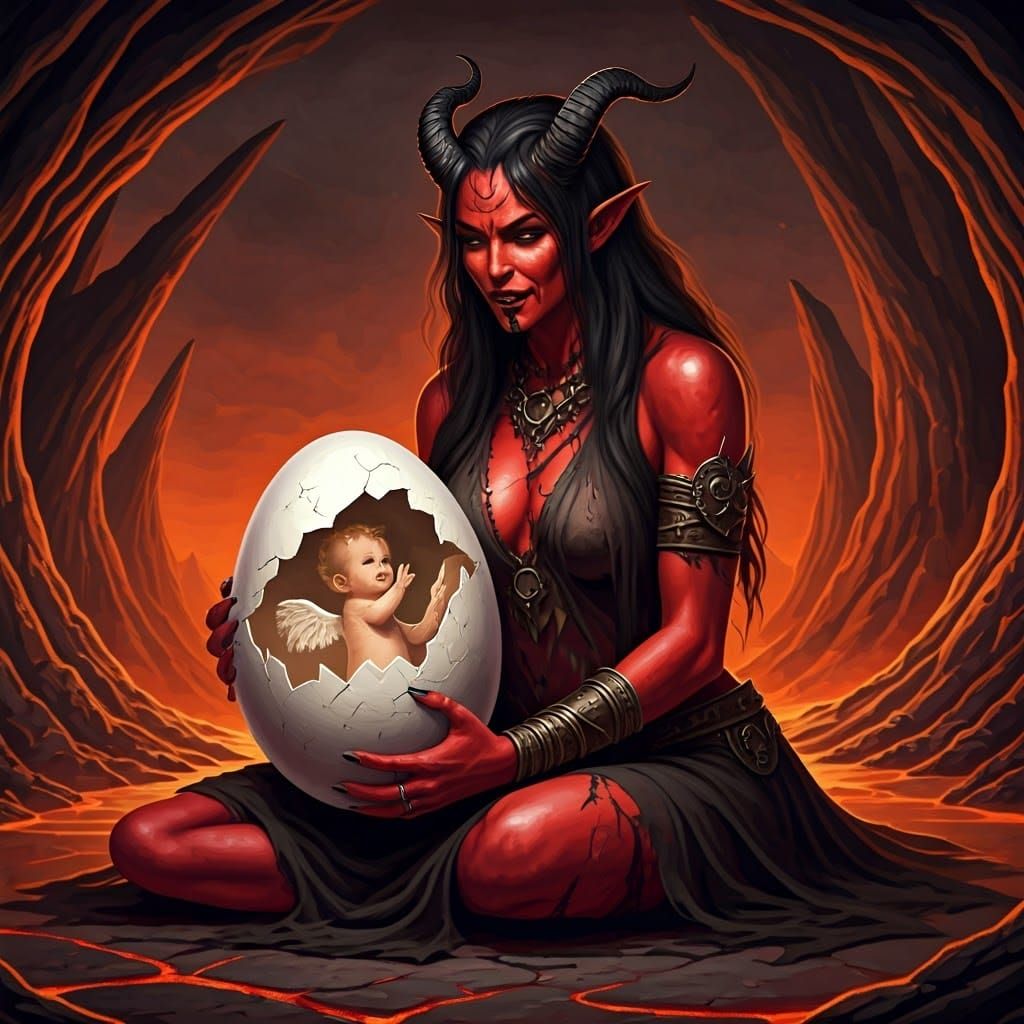 Demon Mother with Angel Child in Magic Art