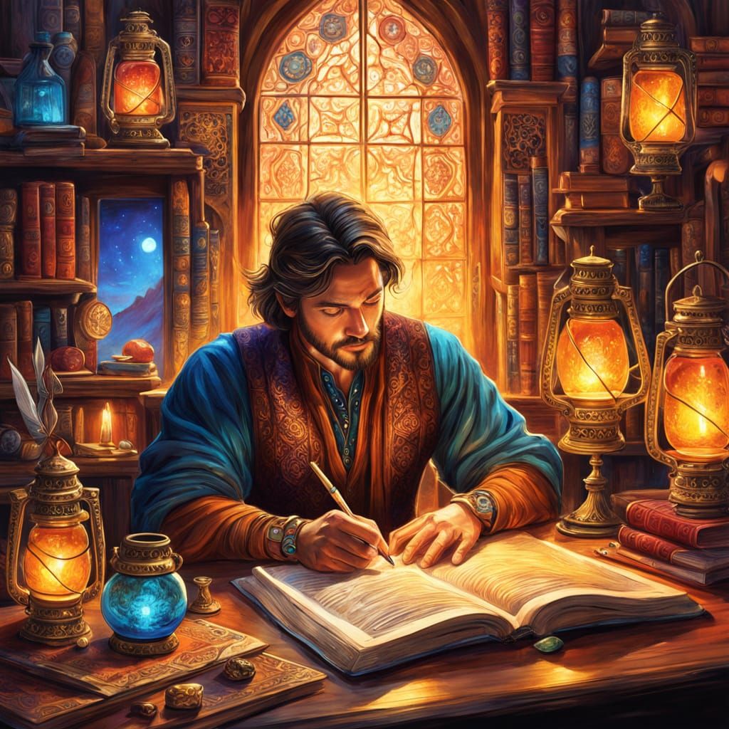 Mystical Scholar Writing in Ancient Setting