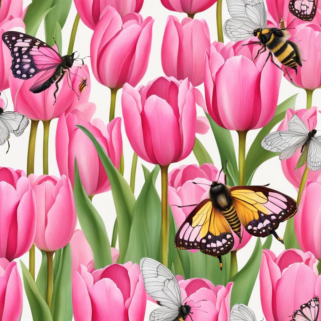 Pink Tulips with Bees and Butterflies