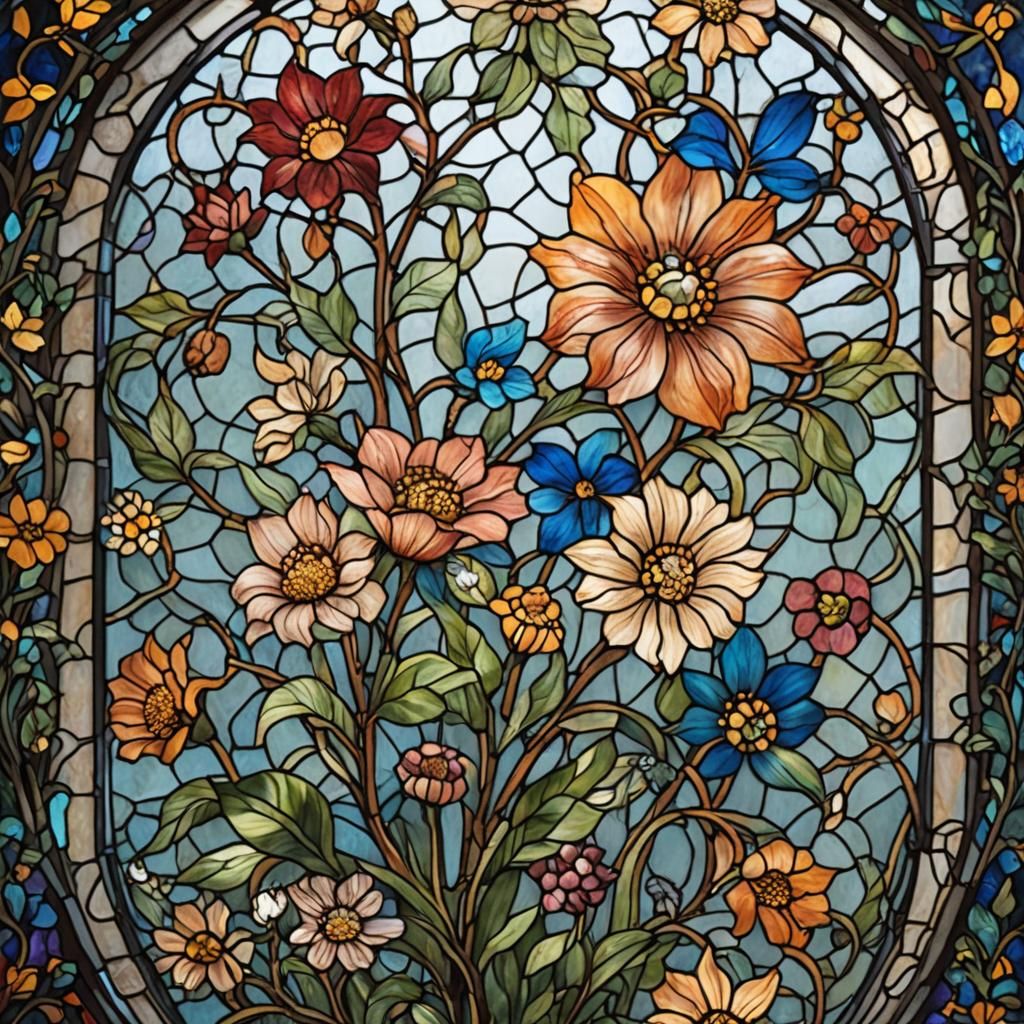 Floral Stained Glass Window in Watercolor Style