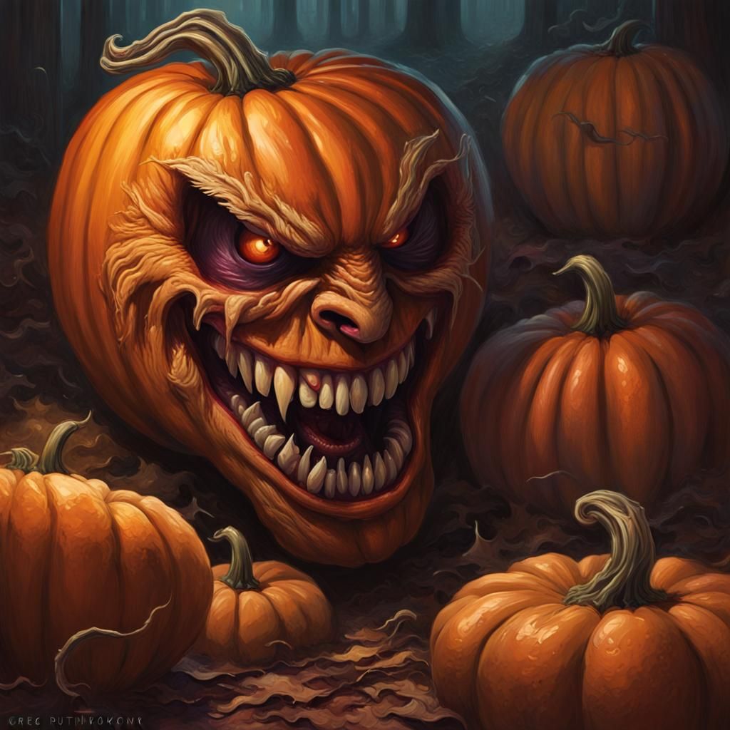 Scary Pumpkin with Teeth Illustration in Splash Art Style