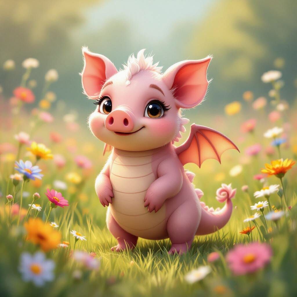 Adorable Dragon-Pig Hybrid in Wildflower Field