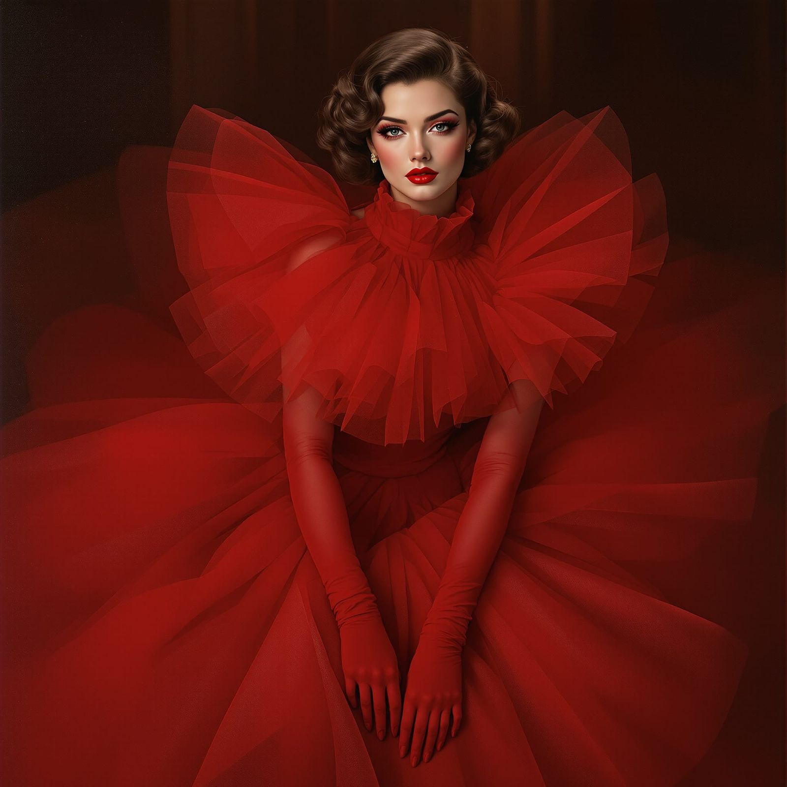 1950s Pin-Up in Elegant Red Tulle Dress