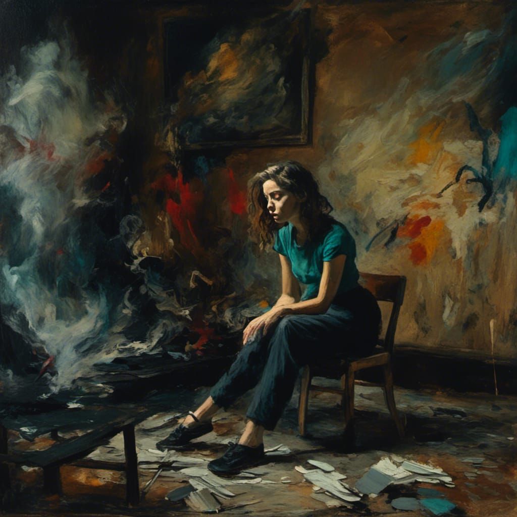 Dark Surrealism: Woman in Chaotic Art Room