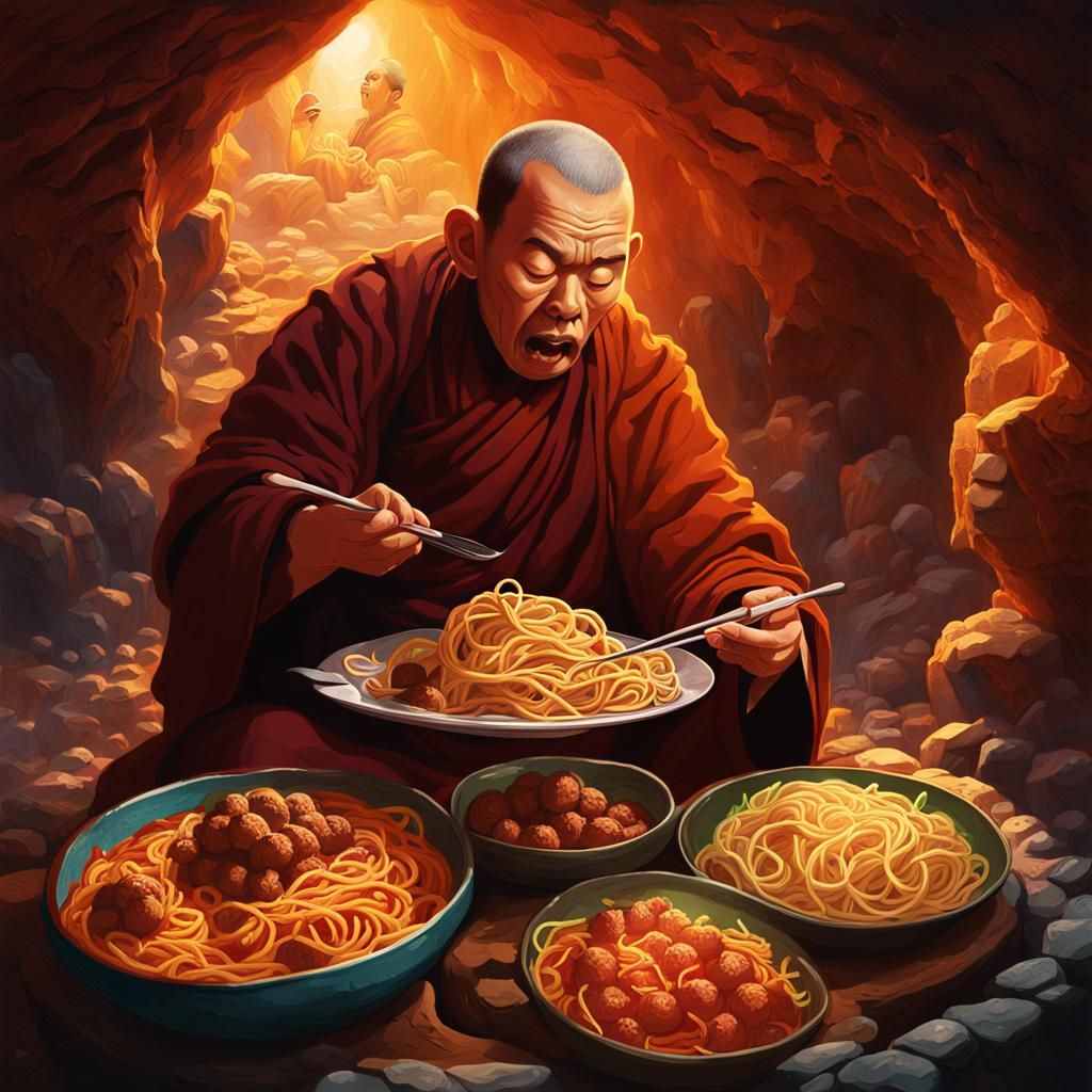 Monk Eats Spaghetti: Vibrant Concept Art