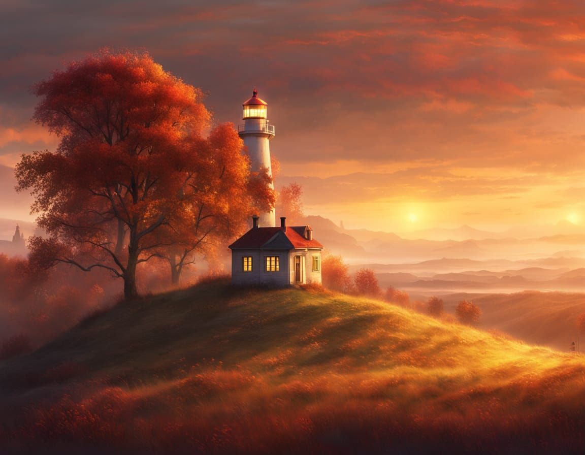 Autumnal Lighthouse Beacon in Ethereal Landscape