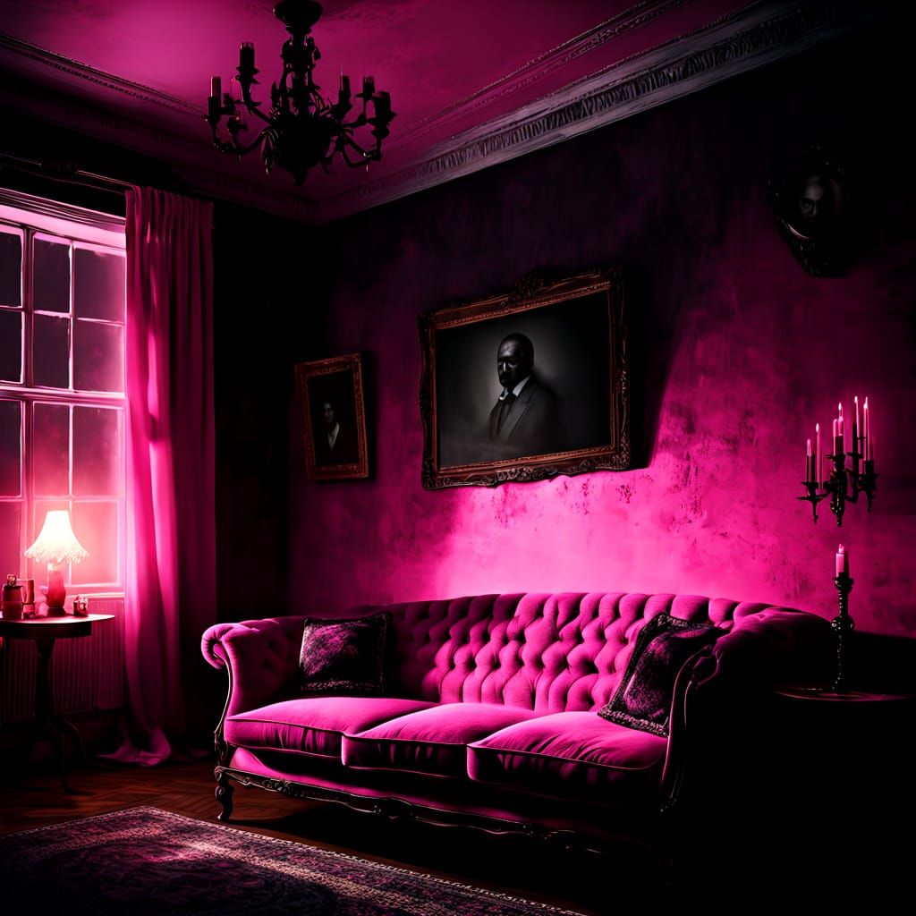 Figure in Pink Coat Electrifies Dark Room on Vintage Couch