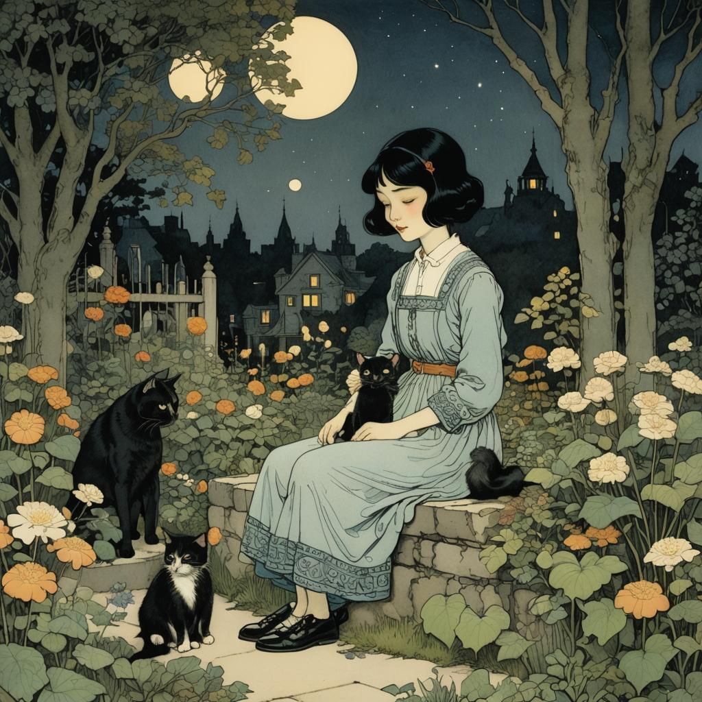Girl and Cat in Garden: Cartoon Illustration