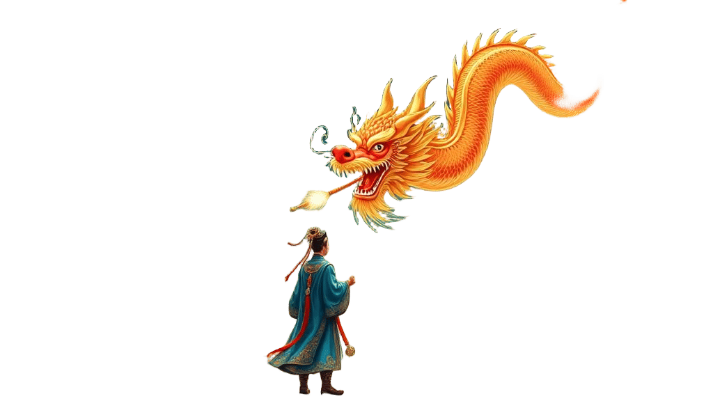 Chinese Man and Dragon in Festive Village Scene
