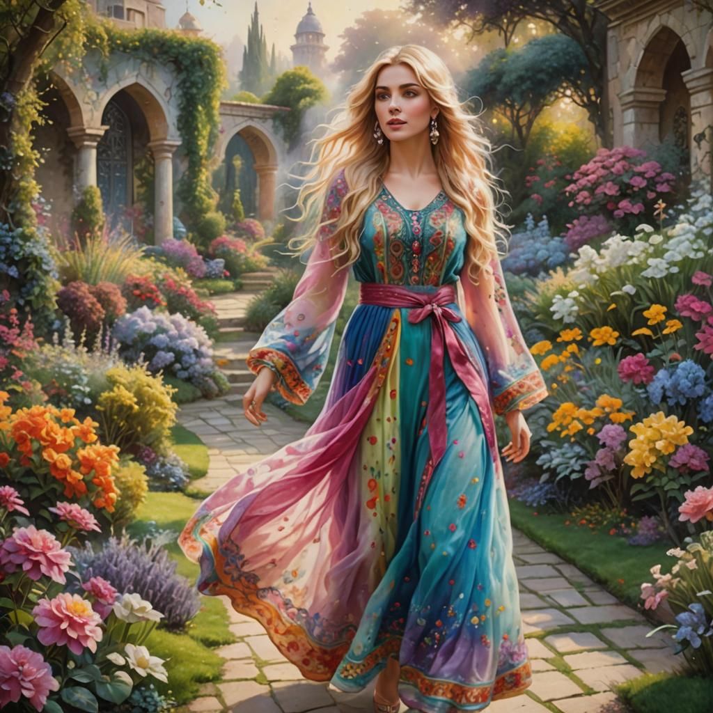 Young Woman in Arabic Outfit in Garden