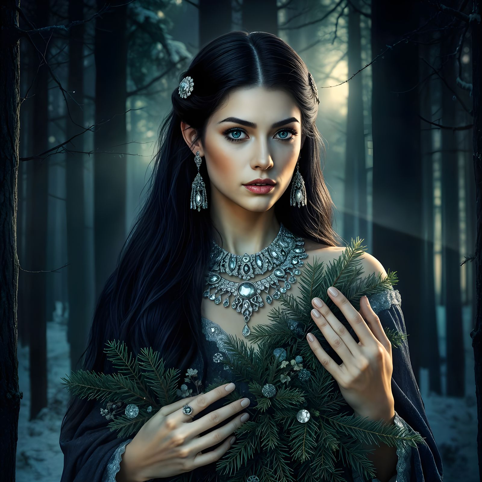 Winter Solstice Goddess in Dark Forest: Photorealistic