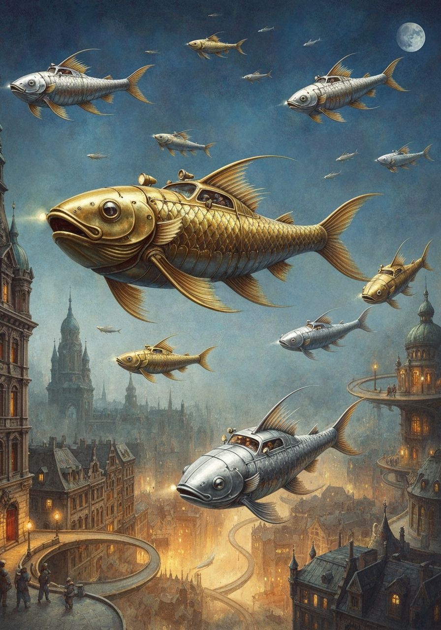 Steampunk Fish Cars Flying Through Surreal City