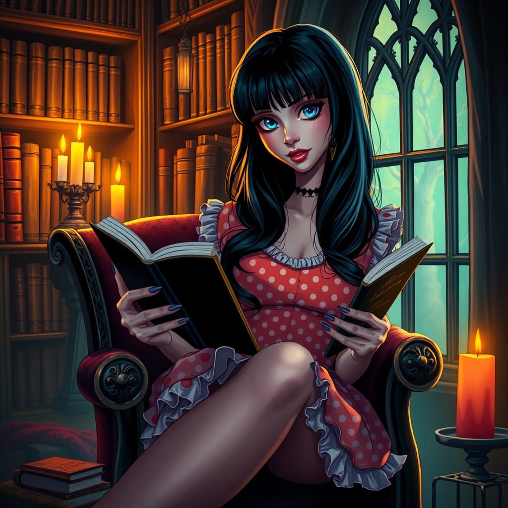 Vampire Reading in Candlelit Gothic Library