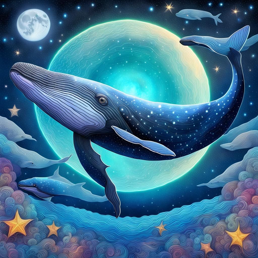 Cosmic Whale Swimming in Starry Sky, Holographic Illustratio...
