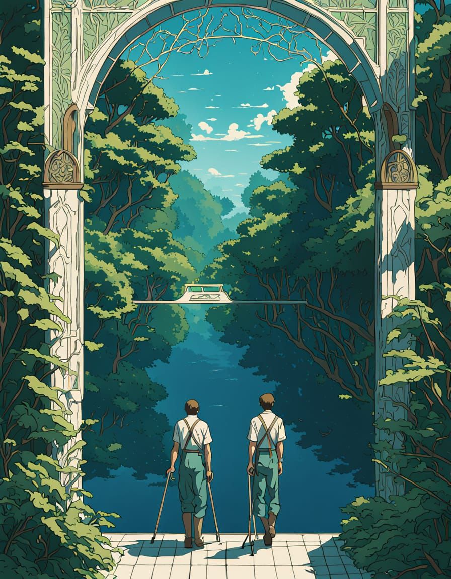 Middle-Aged Man Holds Broken Crutches, Surrounded by Serene ...