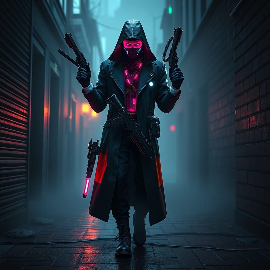 Cyberpunk Bounty Hunter in Futuristic Trench Coat