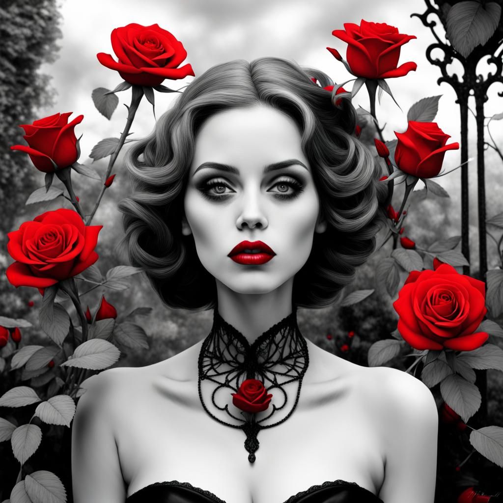 Grayscale Gothic Garden with Red Roses and Lips