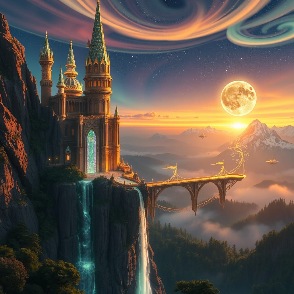 Ethereal Castle on Cliff's Edge, Overlooking Enchanted Emera...