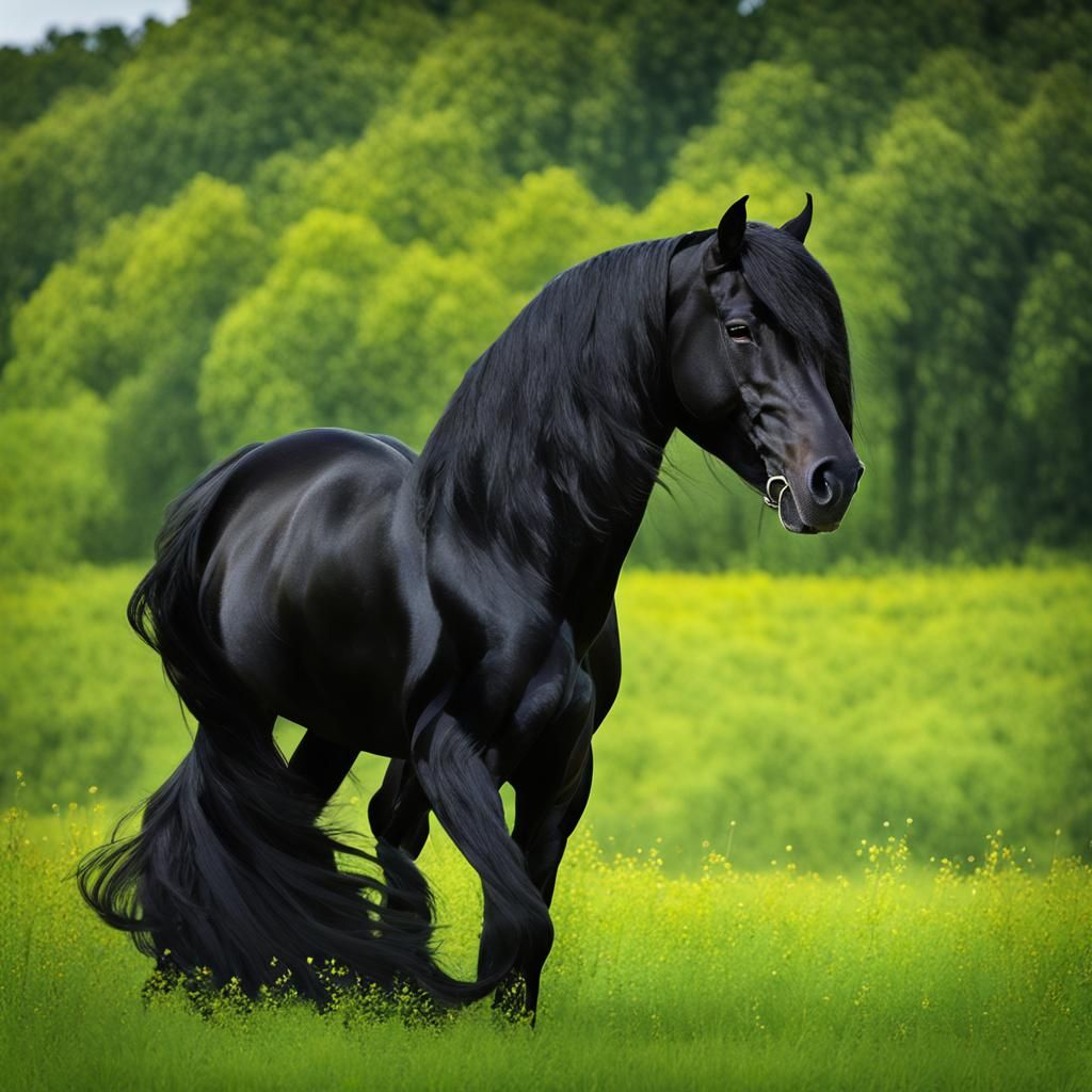 Majestic Black Friesian Horse in Lush Meadow