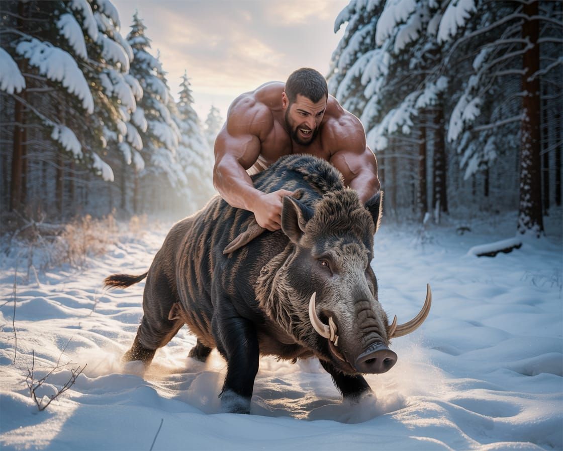 Hercules Wrestles Erymanthian Boar in Snowy Forest