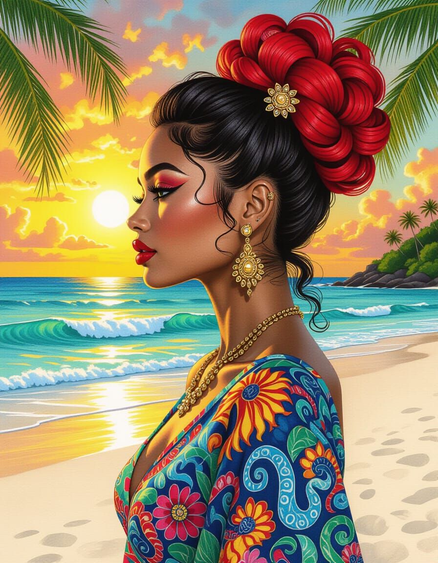 Woman in Tropical Paradise, Pencil Drawing Style