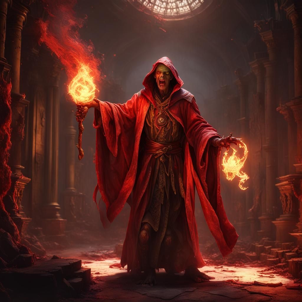 Undead Zombie Wizard Casting Fire, Dark Fantasy Art