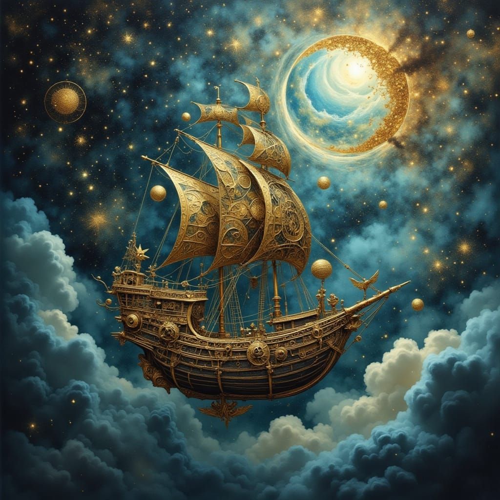 Steampunk Airship Soaring Through Nebula
