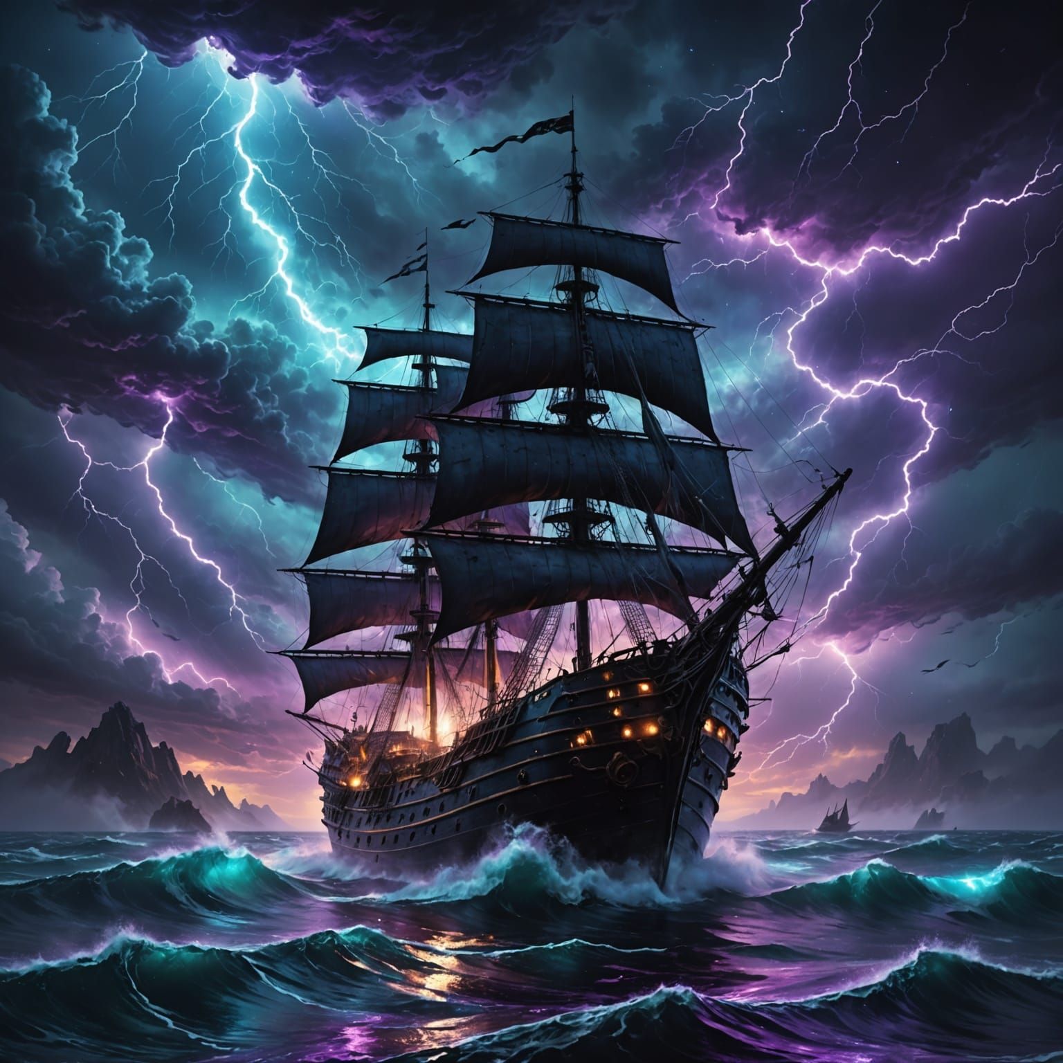 Surreal Ghost Ship Drifting in Bioluminescent Storm