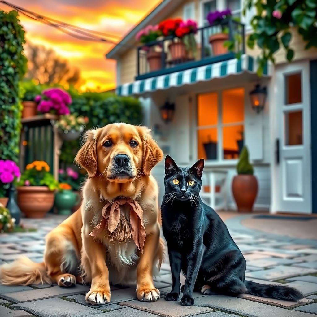 Cozy Scene: Dog and Cat on Terrace at Sunset