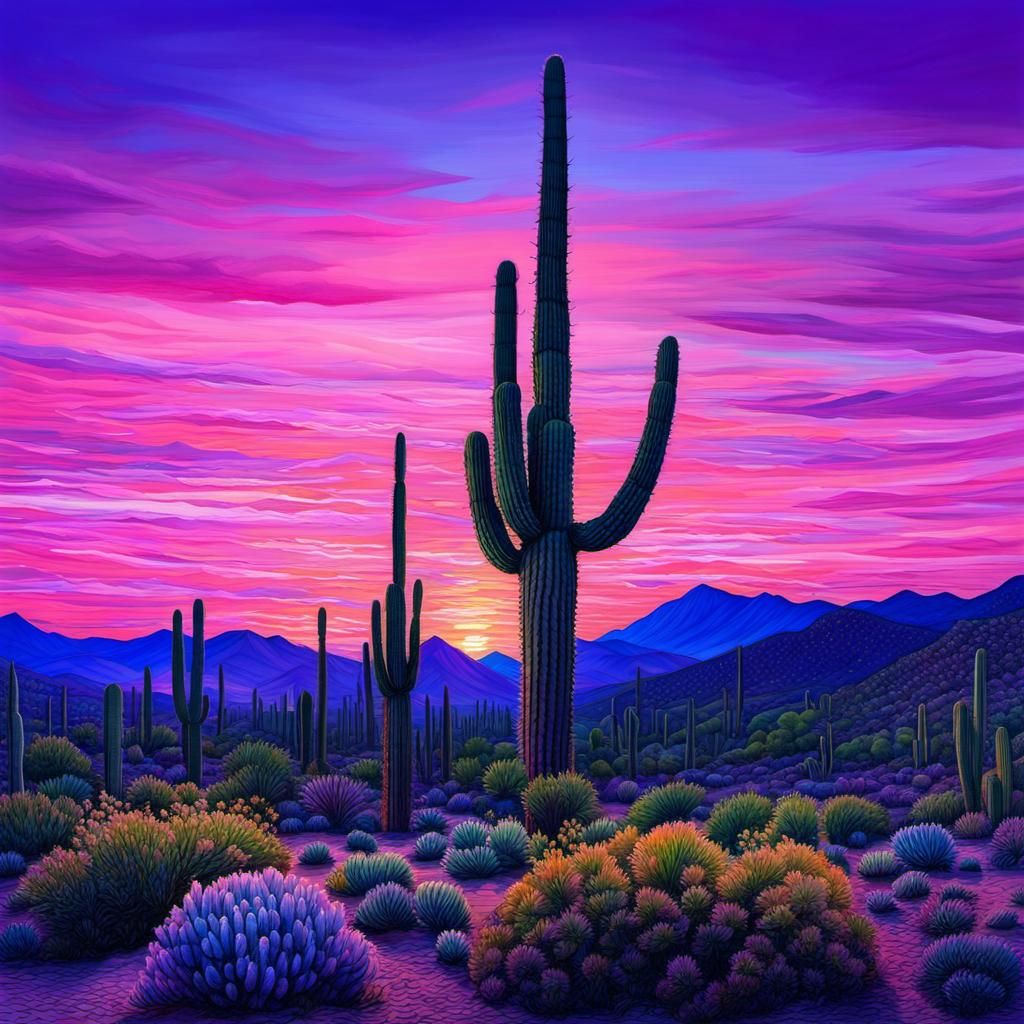 Pastel Desert Sunrise with Saguaro Cactus