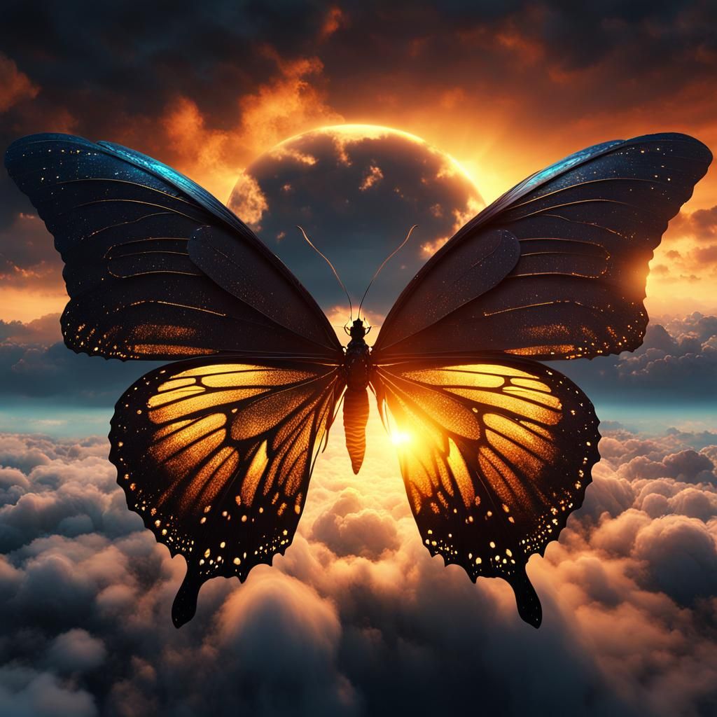Mystical Butterfly with Dark Wings at Sunset